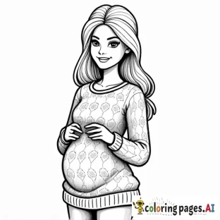 create me a coloring sheet of a pregnant barbie knitting a sweater for her baby during christmas