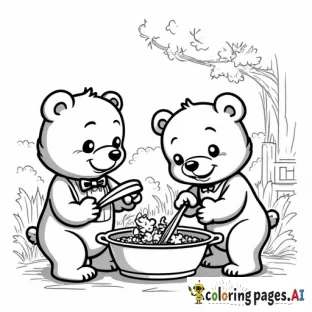 cute cartoon bears cooking in kitchen with background scenery