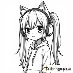 Cute cartoon girl wearing cat headphones. High resolution. Thick line art. Gamer girl. Pigtail hair. Long hair.