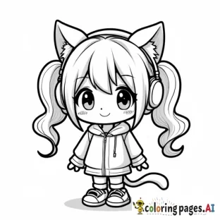 Cute cartoon girl wearing cat headphones. High resolution. Thick line art. Gamer girl. Pigtail hair. Long hair.