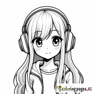 Cute cartoon girl wearing headphones. High resolution. Thick line art. Gamer girl. Long hair.
