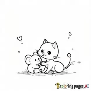 Cute cat and mouse playing together, black and white coloring page for kids