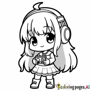 Cute chibi cartoon girl wearing headphones. High resolution. Thick line art. Gamer girl. Long hair.