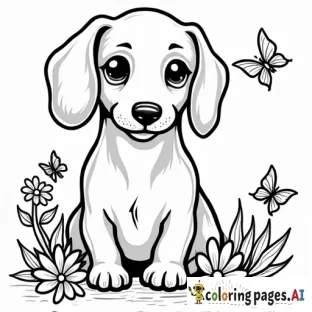 cute dachshund with flowers and butterflies