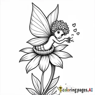 Cute Fairy, on a flower, black outlines, white background, sharp focus