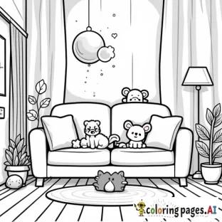 Cute hygge cozy interior scene with animals, kawaii style