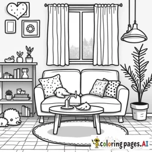 Cute hygge cozy interior scene with animals, kawaii style