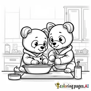 Cute panda and a dog wearing clothes that are baking together in a kitchen