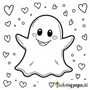 cute sheet ghost, the sheet is covered in hearts, there is a boarder and background