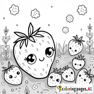 cute strawberries in a strawberry patch, kawaii faces