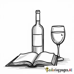 design a coloring page, with no shading, thick lines, a white background, and no color. Featuring An open book with a glass of wine nearby.
