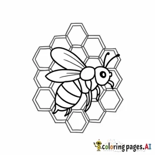Design a simple bee-themed coloring page in a stained glass style. The image should feature a side view of a honeybee in flight, with thick, bold, clean lines that are consistent in thickness throughout. Include a honeycomb background made of hexagonal cells to enhance the stained glass effect. The bee should have distinct wings with minimal details and a traditional striped yellow-and-black body pattern. The composition should be simple and suitable for coloring, without shading or intricate details