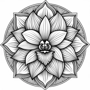 "Detailed mandala featuring elegant orchids as the central floral element. Each orchid is drawn with fine, delicate lines, and the petals are carefully detailed. Surrounding the orchids are intricate geometric patterns, including hexagons, triangles, and arcs, interwoven with soft, flowing leaves and buds. The outer layers of the mandala are filled with elegant, subtle designs that add depth and texture to the overall pattern."