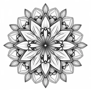 "Detailed mandala featuring elegant orchids as the central floral element. Each orchid is drawn with fine, delicate lines, and the petals are carefully detailed. Surrounding the orchids are intricate geometric patterns, including hexagons, triangles, and arcs, interwoven with soft, flowing leaves and buds. The outer layers of the mandala are filled with elegant, subtle designs that add depth and texture to the overall pattern."