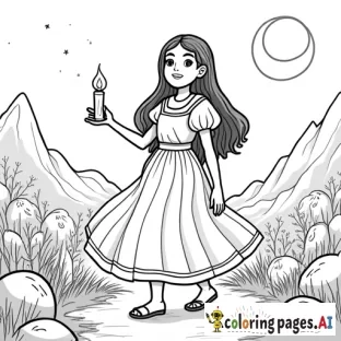 Dibujo para colorear de una niña valiente llamada Dayana, con cabello largo y oscuro, usando un vestido simple pero elegante, sosteniendo una lámpara de aceite. Ella está caminando por un paisaje místico con árboles y montañas, bajo una luna llena brillante. El fondo es oscuro pero el brillo de la luna ilumina su rostro, mostrando determinación y coraje. Los contornos deben ser limpios y claros, con detalles sencillos pero visibles, adecuados para colorear, sin demasiados detalles complejos. El estilo debe ser suave y de líneas simples." - Free Printable Coloring Page
