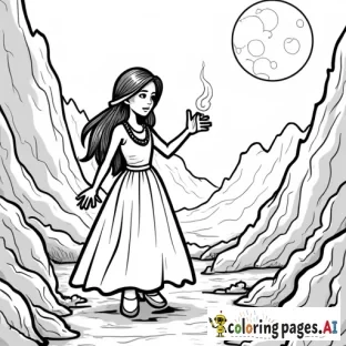 Dibujo para colorear de una niña valiente llamada Dayana, con una lámpara de aceite en la mano, caminando por un paisaje oscuro y misterioso con una luna llena brillante en el cielo. Dayana tiene el cabello largo y oscuro, y lleva un vestido largo y sencillo. Ella está en una aventura en una montaña alta. El entorno es sombrío, pero con detalles como árboles o rocas que añaden un toque místico. La imagen debe ser en contornos negros, con estilo simple para que sea fácil de colorear. - Free Printable Coloring Page