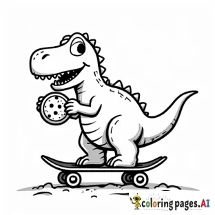 dinosaur, on a skateboard, eating a cookie