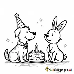 dog, cat and bunny having a birthday party