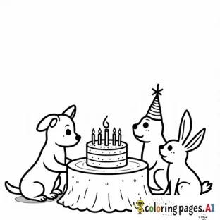 dog, cat, bird and rabbit having a birthday party