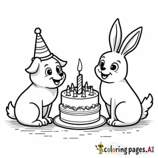 dog, cat, bird and rabbit having a birthday party