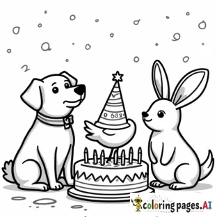 dog, cat, bird and rabbit having a birthday party