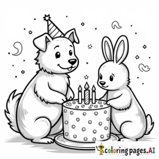 dog, cat, bird and rabbit having a birthday party