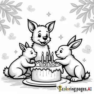 dog, cat, bird and rabbit having a birthday party