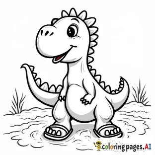 draw a cute dinosaur coloring picture wearing sandals playing in the sand at the seaside?
