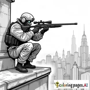 dynamic, edgy graffiti designs that inspire. Include unique modern urban street characters (SWAT sniper atop of an inner city sky scaper acheiving a vantage point in full tactical gear looking for his target at street level with the city scape as his cover) urban-inspired designs and bold shapes.  modern style street art in lineart B&W only adult coloring page