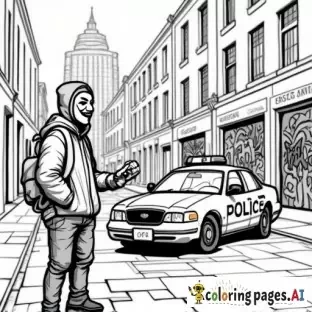 dynamic, edgy graffiti designs that inspire. Include unique modern urban street characters (creative full faced mask wearing cartoon anarchist in inner city with a can of spray paint in his hand as he is spray painting graffiti on a patrol car parked in front of an inner city police station in the city scape) intricate patterns, urban-inspired designs, and bold shapes.  modern style street art in lineart B&W only adult coloring page