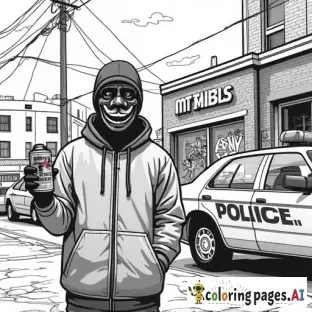 dynamic, edgy graffiti designs that inspire. Include unique modern urban street characters (creative full faced mask wearing cartoon anarchist in inner city with a can of spray paint in his hand as he is spray painting graffiti on a patrol car parked in front of an inner city police station in the city scape) intricate patterns, urban-inspired designs, and bold shapes.  modern style street art in lineart B&W only adult coloring page