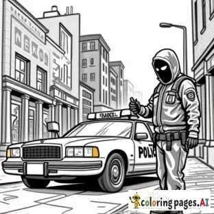 dynamic, edgy graffiti designs that inspire. Include unique modern urban street characters (military tactical assault style full faced mask wearing cartoon anarchist in inner city with a can of spray paint in his hand as he is spray painting graffiti on a patrol car parked in front of an inner city police station in the city scape) intricate patterns, urban-inspired designs, and bold shapes.  modern style street art in lineart B&W only adult coloring page