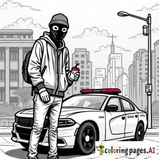 dynamic, edgy graffiti designs that inspire. Include unique modern urban street characters (creative full faced mask wearing cartoon anarchist in inner city with a can of spray paint in his hand as he is spray painting graffiti on a patrol car parked in front of an inner city police station in the city scape) intricate patterns, urban-inspired designs, and bold shapes.  modern style street art in lineart B&W only adult coloring page