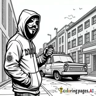 dynamic, edgy graffiti designs that inspire. Include unique modern urban street characters (creative full faced mask wearing cartoon anarchist in inner city with a can of spray paint in his hand as he is spray painting graffiti on a patrol car parked in front of an inner city police station in the city scape) intricate patterns, urban-inspired designs, and bold shapes.  modern style street art in lineart B&W only adult coloring page