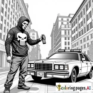 dynamic, edgy graffiti designs that inspire. Include unique modern urban street characters (punisher style mask wearing cartoon anarchist in inner city with a can of spray paint in his hand as he is spray painting graffiti on a patrol car parked in front of an inner city police station in the city scape) intricate patterns, urban-inspired designs, and bold shapes.  modern style street art in lineart B&W only adult coloring page