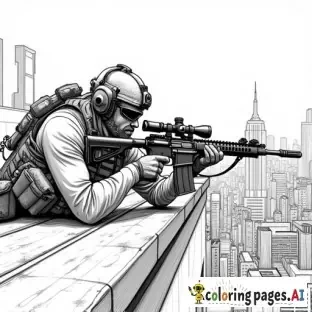 dynamic, edgy graffiti designs that inspire. Include unique modern urban street characters (SWAT sniper laid out on his belly on an inner city sky scaper rooftop with maximum cover acheiving a vantage point in full tactical gear looking for his target at street level with the city scape as his cover) urban-inspired designs and bold shapes.  modern style street art in lineart B&W only adult coloring page