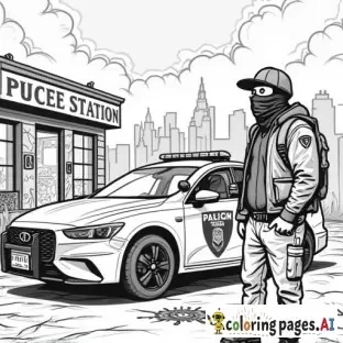 dynamic, edgy graffiti designs that inspire. Include unique modern urban street characters (military tactical assault style full faced mask wearing cartoon anarchist in inner city with a can of spray paint in his hand as he is spray painting graffiti on a patrol car parked in front of an inner city police station in the city scape) intricate patterns, urban-inspired designs, and bold shapes.  modern style street art in lineart B&W only adult coloring page