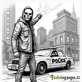 dynamic, edgy graffiti designs that inspire. Include unique modern urban street characters (punisher style mask wearing cartoon anarchist in inner city with a can of spray paint in his hand as he is spray painting graffiti on a patrol car parked in front of an inner city police station in the city scape) intricate patterns, urban-inspired designs, and bold shapes.  modern style street art in lineart B&W only adult coloring page