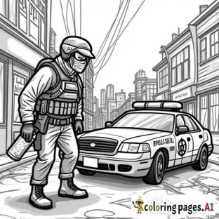 dynamic, edgy graffiti designs that inspire. Include unique modern urban street characters (SWAT tactical style full faced mask wearing cartoon anarchist in inner city with a can of spray paint in his hand as he is spray painting graffiti on a patrol car parked in front of an inner city police station in the city scape) intricate patterns, urban-inspired designs, and bold shapes.  modern style street art in lineart B&W only adult coloring page