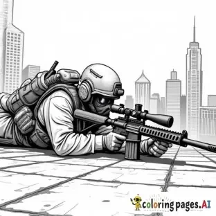 dynamic, edgy graffiti designs that inspire. Include unique modern urban street characters (SWAT sniper laid out on his belly on an inner city sky scaper rooftop with maximum cover acheiving a vantage point in full tactical gear looking for his target at street level with the city scape as his cover) urban-inspired designs and bold shapes.  modern style street art in lineart B&W only adult coloring page