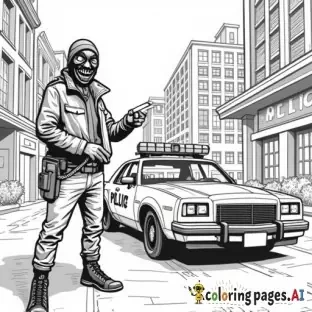 dynamic, edgy graffiti designs that inspire. Include unique modern urban street characters (creative full faced mask wearing cartoon anarchist in inner city with a can of spray paint in his hand as he is spray painting graffiti on a patrol car parked in front of an inner city police station in the city scape) intricate patterns, urban-inspired designs, and bold shapes.  modern style street art in lineart B&W only adult coloring page