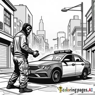 dynamic, edgy graffiti designs that inspire. Include unique modern urban street characters (punisher style mask wearing cartoon anarchist in inner city with a can of spray paint in his hand as he is spray painting graffiti on a patrol car parked in front of an inner city police station in the city scape) intricate patterns, urban-inspired designs, and bold shapes.  modern style street art in lineart B&W only adult coloring page