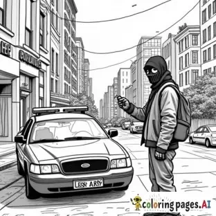 dynamic, edgy graffiti designs that inspire. Include unique modern urban street characters (creative full faced mask wearing cartoon anarchist in inner city with a can of spray paint in his hand as he is spray painting graffiti on a patrol car parked in front of an inner city police station in the city scape) intricate patterns, urban-inspired designs, and bold shapes.  modern style street art in lineart B&W only adult coloring page