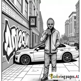 dynamic, edgy graffiti designs that inspire. Include unique modern urban street characters (creative full faced mask wearing cartoon anarchist in inner city with a can of spray paint in his hand as he is spray painting graffiti on a patrol car parked in front of an inner city police station in the city scape) intricate patterns, urban-inspired designs, and bold shapes.  modern style street art in lineart B&W only adult coloring page