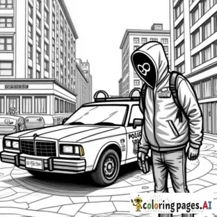 dynamic, edgy graffiti designs that inspire. Include unique modern urban street characters (creative full faced mask wearing cartoon anarchist in inner city with a can of spray paint in his hand as he is spray painting graffiti on a patrol car parked in front of an inner city police station in the city scape) intricate patterns, urban-inspired designs, and bold shapes.  modern style street art in lineart B&W only adult coloring page