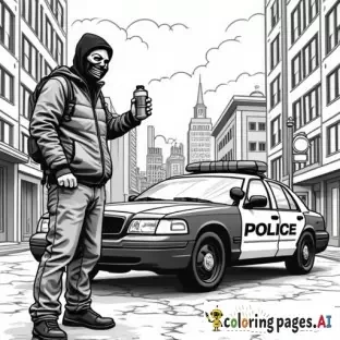 dynamic, edgy graffiti designs that inspire. Include unique modern urban street characters (creative full faced mask wearing cartoon anarchist in inner city with a can of spray paint in his hand as he is spray painting graffiti on a patrol car parked in front of an inner city police station in the city scape) intricate patterns, urban-inspired designs, and bold shapes.  modern style street art in lineart B&W only adult coloring page