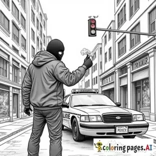 dynamic, edgy graffiti designs that inspire. Include unique modern urban street characters (creative full faced mask wearing cartoon anarchist in inner city with a can of spray paint in his hand as he is spray painting graffiti on a patrol car parked in front of an inner city police station in the city scape) intricate patterns, urban-inspired designs, and bold shapes.  modern style street art in lineart B&W only adult coloring page