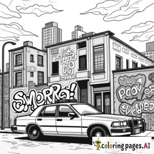 dynamic, edgy graffiti designs that inspire. Include unique modern urban street characters (creative full faced mask wearing cartoon anarchist in inner city with a can of spray paint in his hand as he is spray painting graffiti on a patrol car parked in front of an inner city police station in the city scape) intricate patterns, urban-inspired designs, and bold shapes.  modern style street art in lineart B&W only adult coloring page