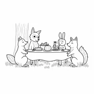 A large table is set outside with a big Thanksgiving feast. There’s a roasted turkey, pies, and plenty of autumn vegetables like corn and squash. Around the table, a family of animals, like a raccoon, rabbit, and owl, are sitting together, sharing the meal under a tree decorated with colorful leaves.