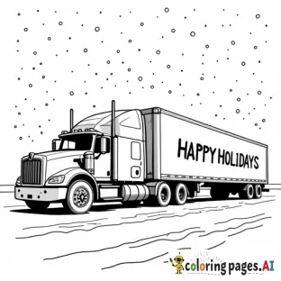 eighteen wheeler truck that says happy holidays with a chirstmas background